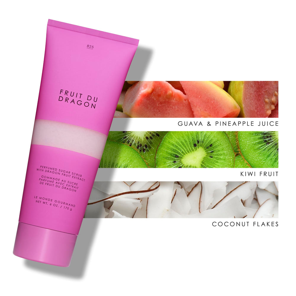 Le Monde Gourmand Fruit du Dragon scrub fruity notes closeup shows vibrant aroma