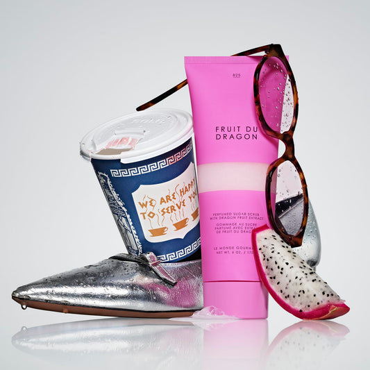 Le Monde Gourmand Fruit du Dragon scrub scoop application demonstrates gentle exfoliation