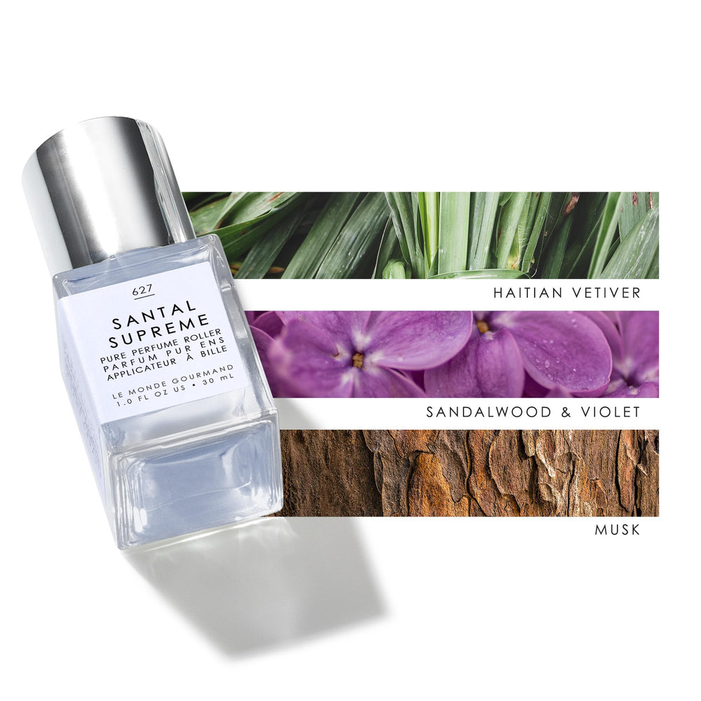 Le Monde Gourmand Santal Supreme violet note close-up for delicate lift.