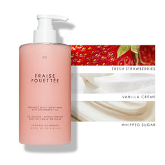 Le Monde Gourmand Strawberry Whipped bottle on sink ideal for daily cleansing ritual
