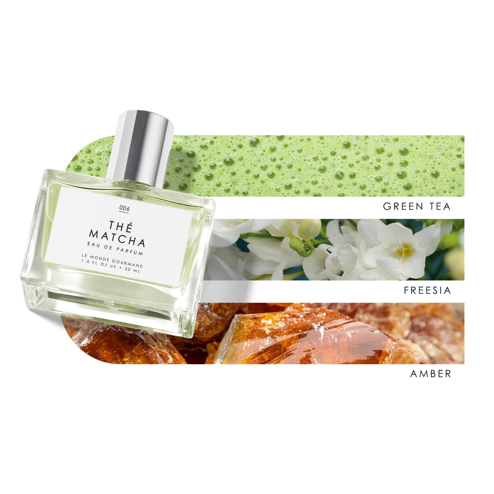 Le Monde Gourmand Thé Matcha demonstrates pulse-points application on wrists and neck.