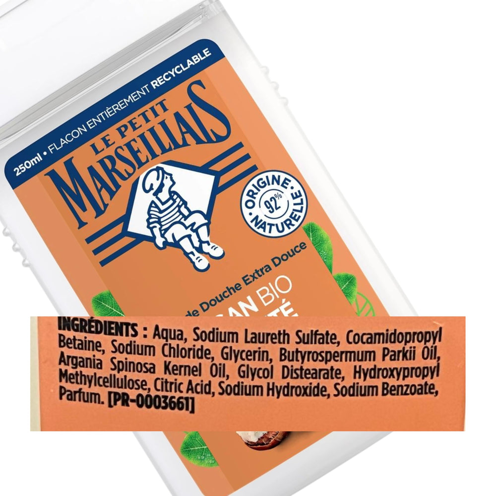 Packaging detail showing organic ingredients label on Le Petit Marseillais Argan BIO and Karite Body Wash.