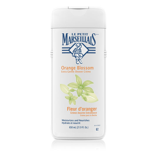Le Petit Marseillais Orange Blossom Shower Creme bottle in a 3-pack offering gentle cleansing and a fresh fragrance.