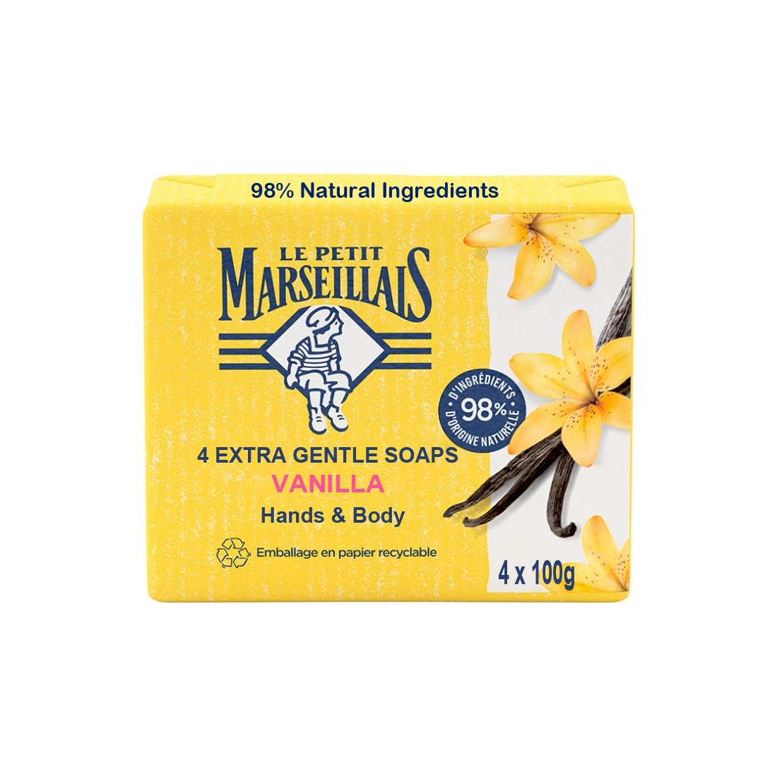 Le Petit Marseillais vanilla solid bath soap bars in a four-bar set for daily cleansing.