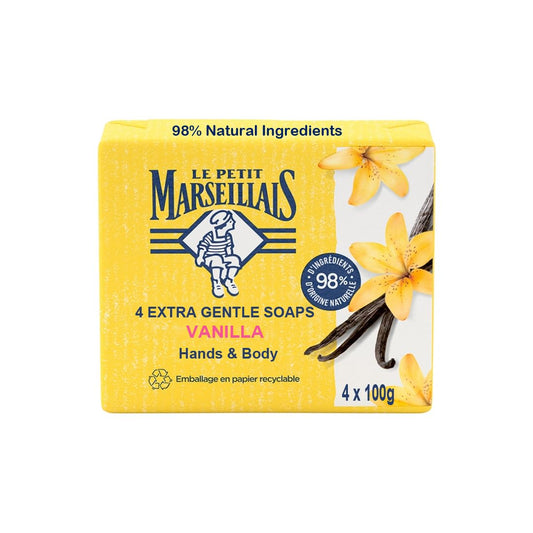 Le Petit Marseillais vanilla solid bath soap bars in a four-bar set for daily cleansing.