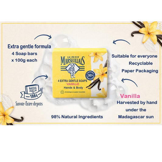 Le Petit Marseillais vanilla solid soap from France, close-up highlighting creamy texture for gentle cleansing.