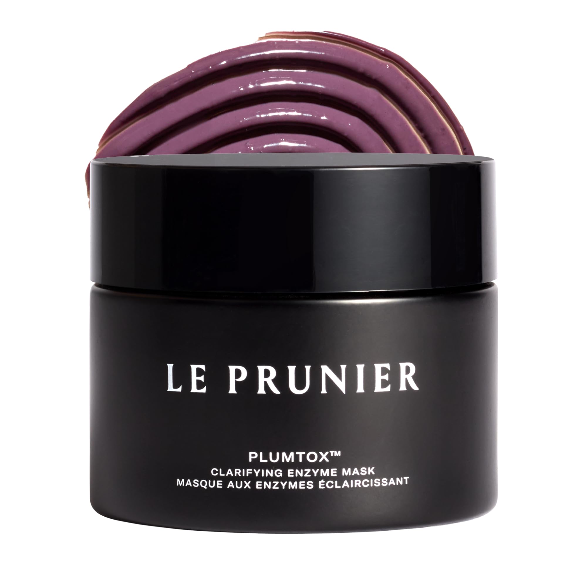 Le Prunier Plumtox clarifying mask jar showing creamy exfoliating texture for smoother skin