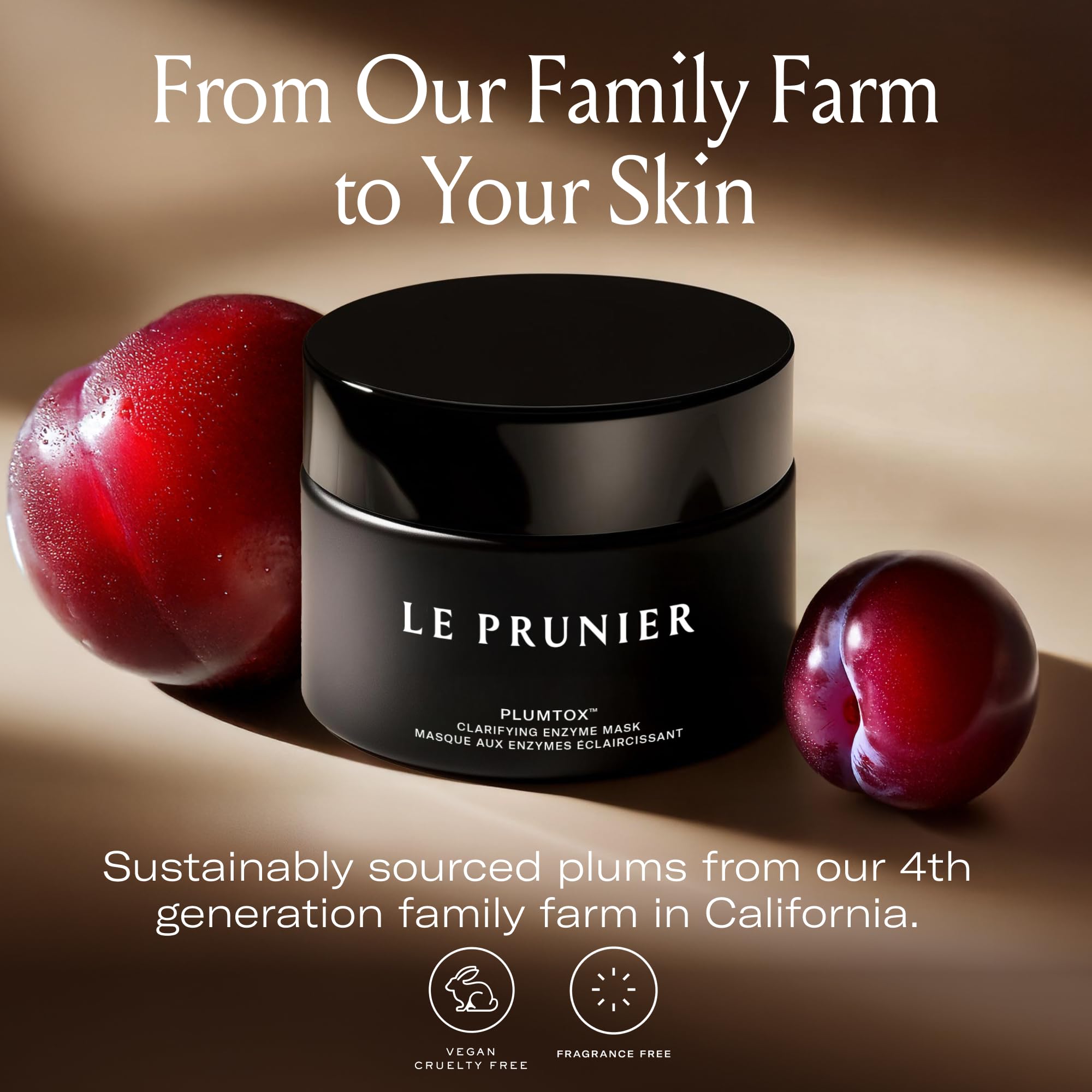 Le Prunier Plumtox vegan label on packaging signals clean, cruelty-free skincare
