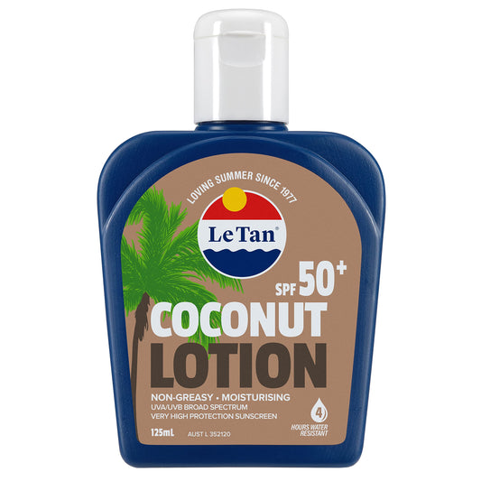 Le Tan Coconut SPF 50+ bottle for daily sun protection with a tropical coconut scent.