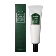 LEADERS Green Collagen Eye Cream bottle closeup highlights vegan hydration benefits.
