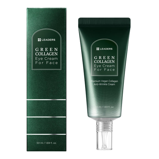 LEADERS Green Collagen Eye Cream packaging with eco-friendly vegan branding.