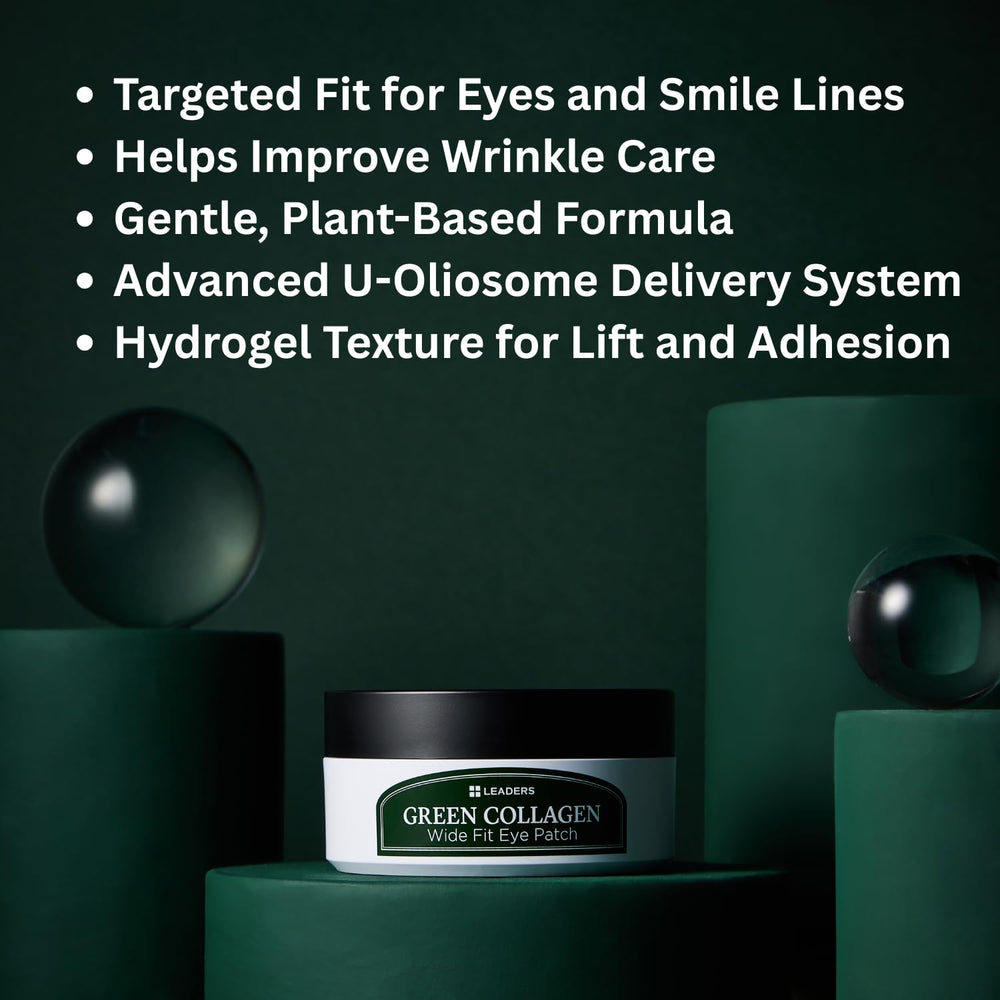 LEADERS Green Collagen Wide Fit Eye Patch hydrogel texture sits over the eye area.