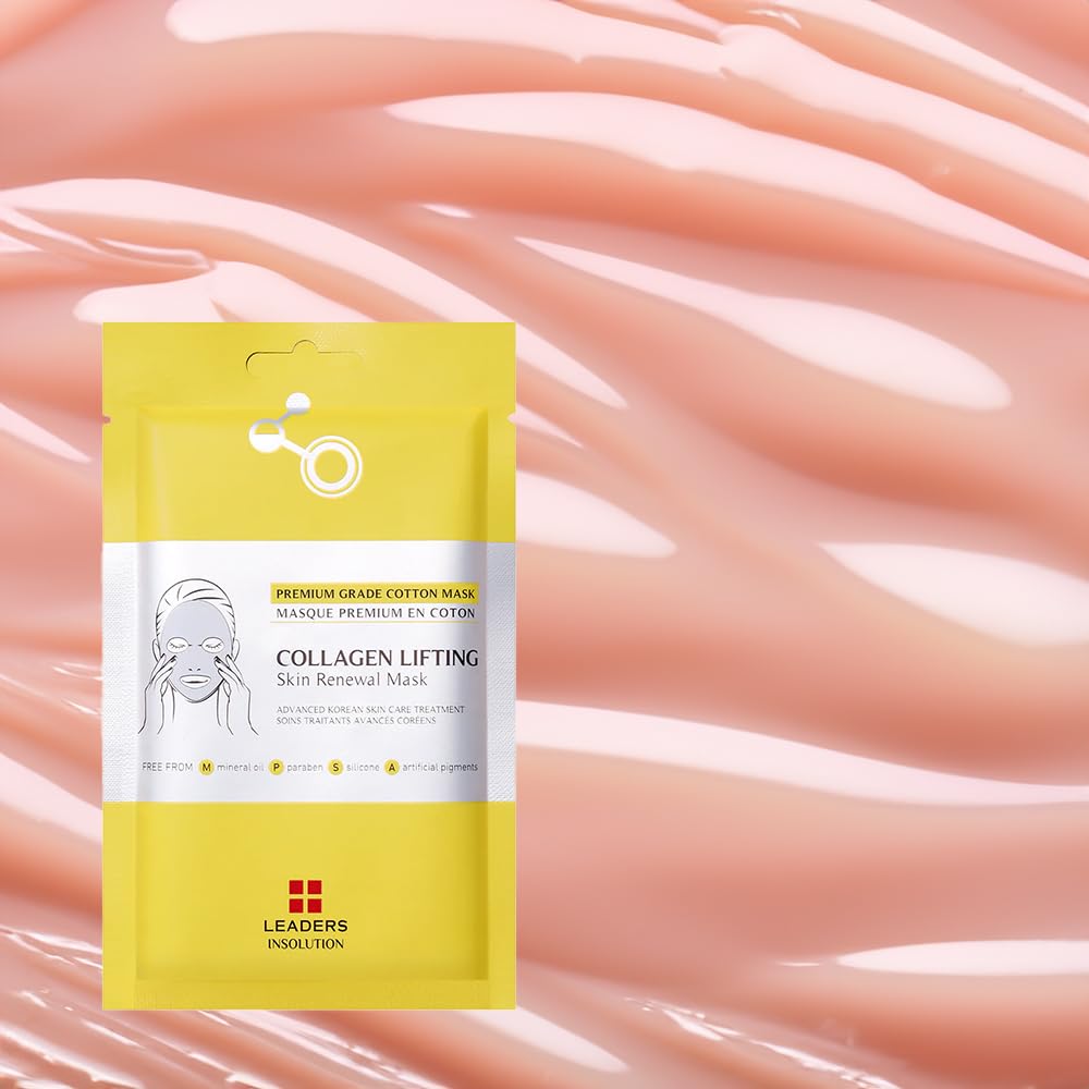 Leaders Insolution collagen lifting mask applied on the face for tightened contours.