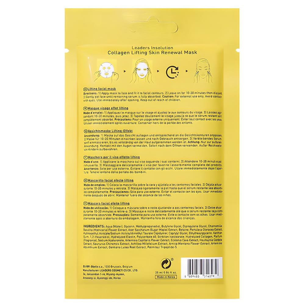 Leaders Insolution Collagen Lifting Mask packaging open shows rich serum and gentle aroma