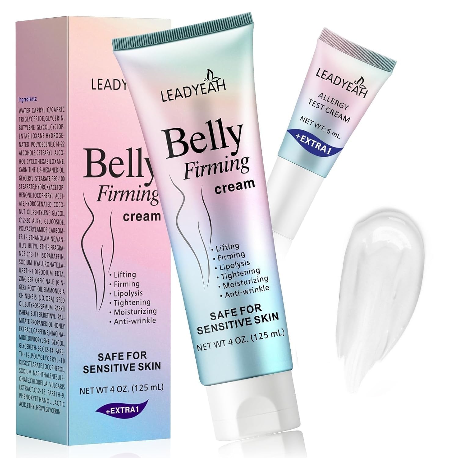 Leadyeah B Flat Belly Firming Cream tube showing smooth texture for firming and hydration