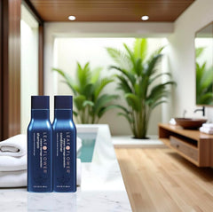 Leaf & Flow blue packaging closeup highlighting clean, color-safe hair care.