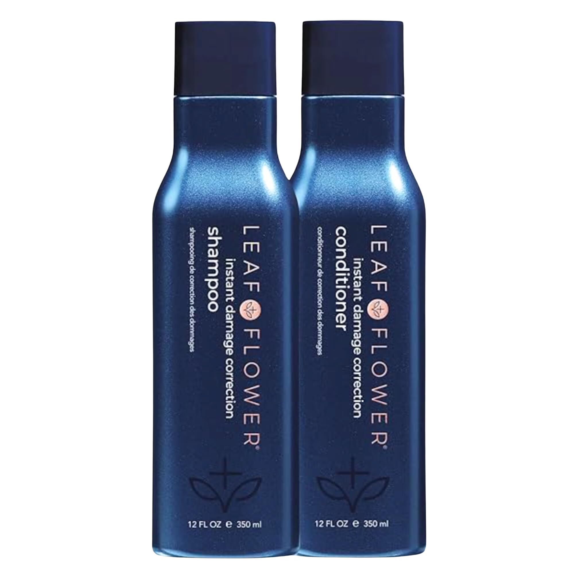 Leaf & Flow shampoo and conditioner duo bottles in blue signaling damage repair and revitalized hair.