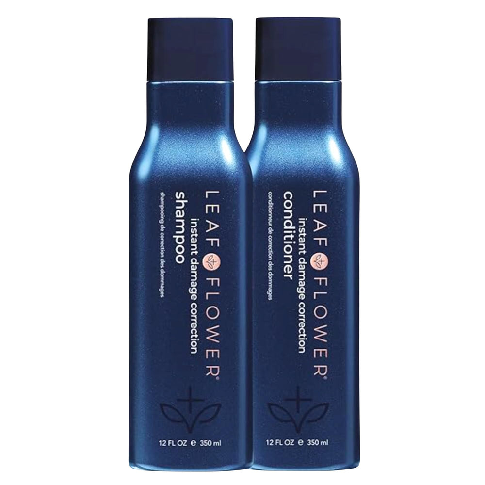 Leaf & Flow shampoo and conditioner duo bottles in blue signaling damage repair and revitalized hair.