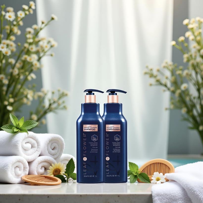 Leaf & Flower conditioner bottle on blue packaging delivers lasting hydration