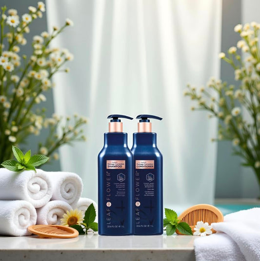 Leaf & Flower conditioner bottle on blue packaging delivers lasting hydration