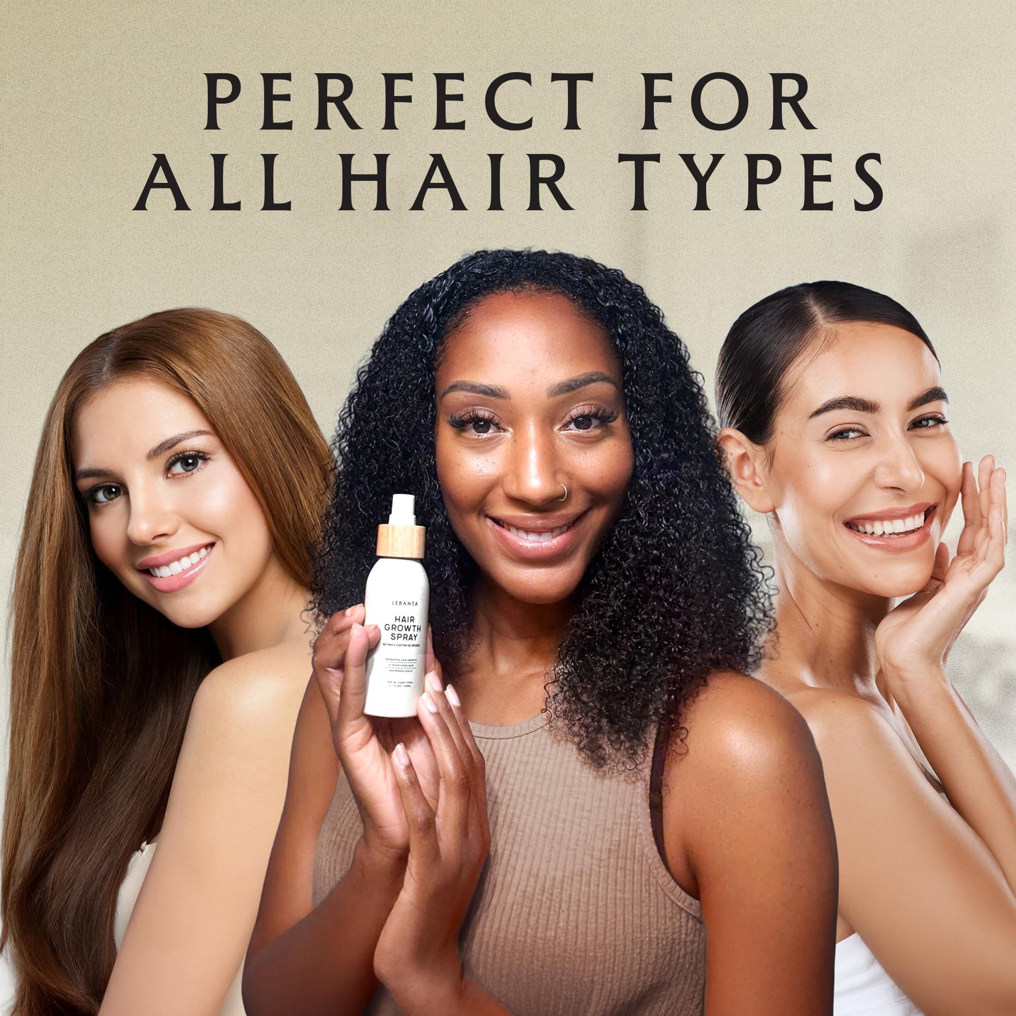 Lebanta Hair Growth Oil Spray packaging and ingredient highlights with rosemary and castor oils.