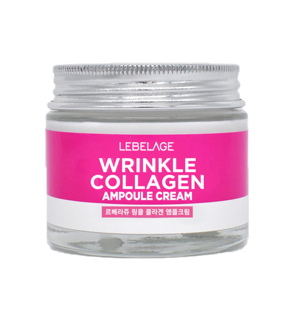 LEBELAGE Wrinkle Collagen Ampoule Cream bottle shows hydrating anti-aging benefits for daily use
