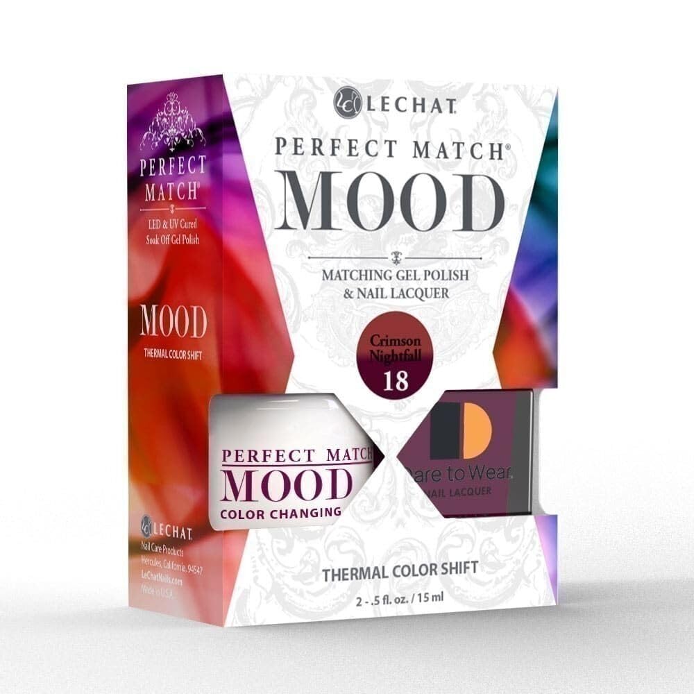 LeChat Perfect Match Mood Duo Crimson Nightfall bottle shows color-changing gel polish for dynamic nails.