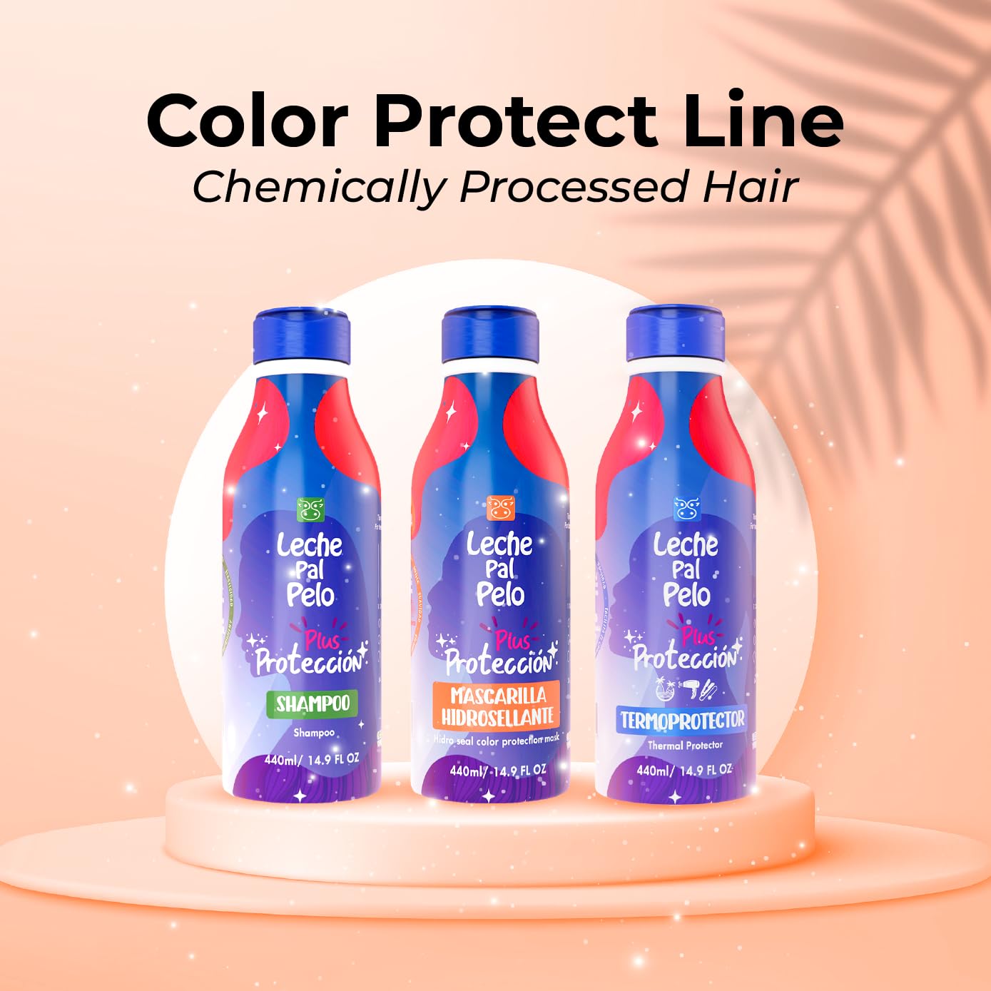 Bathroom scene with Leche Pal Pelo shampoo emphasizing color protection