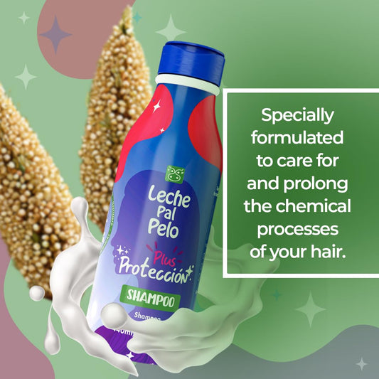 Leche Pal Pelo label closeup highlighting quinoa and rice proteins for moisture
