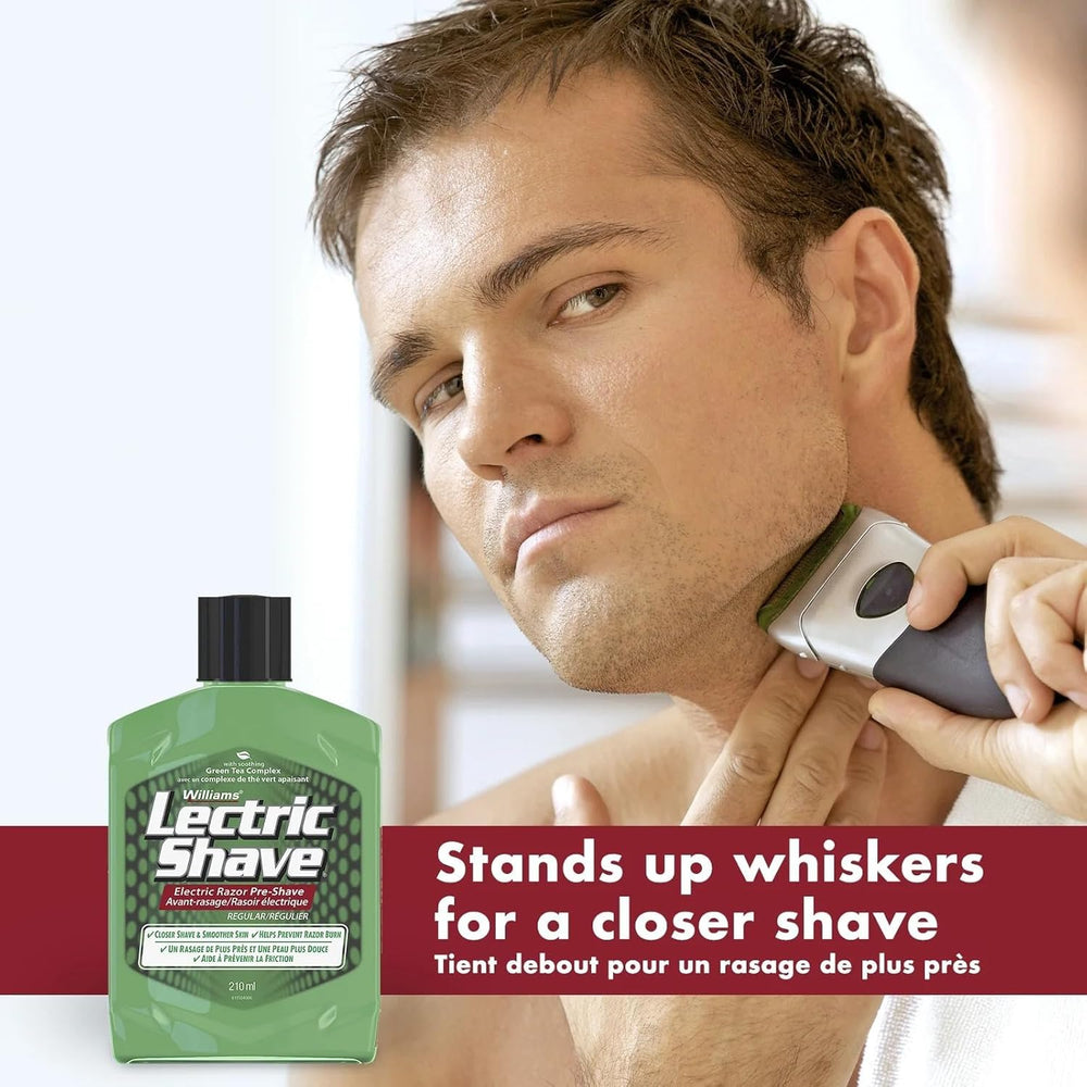 Lectric Shave Pre-Shave Original packaging and seven-ounce bottle in bathroom setting.