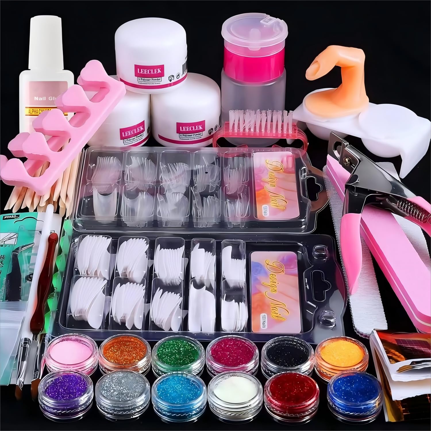 Leeclek Acrylic Nail Kit contents display versatile tools and powders for easy at-home manicures