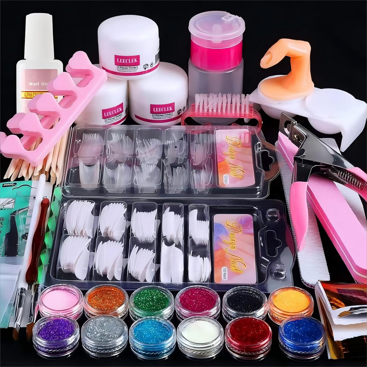Leeclek Acrylic Nail Kit contents display versatile tools and powders for easy at-home manicures