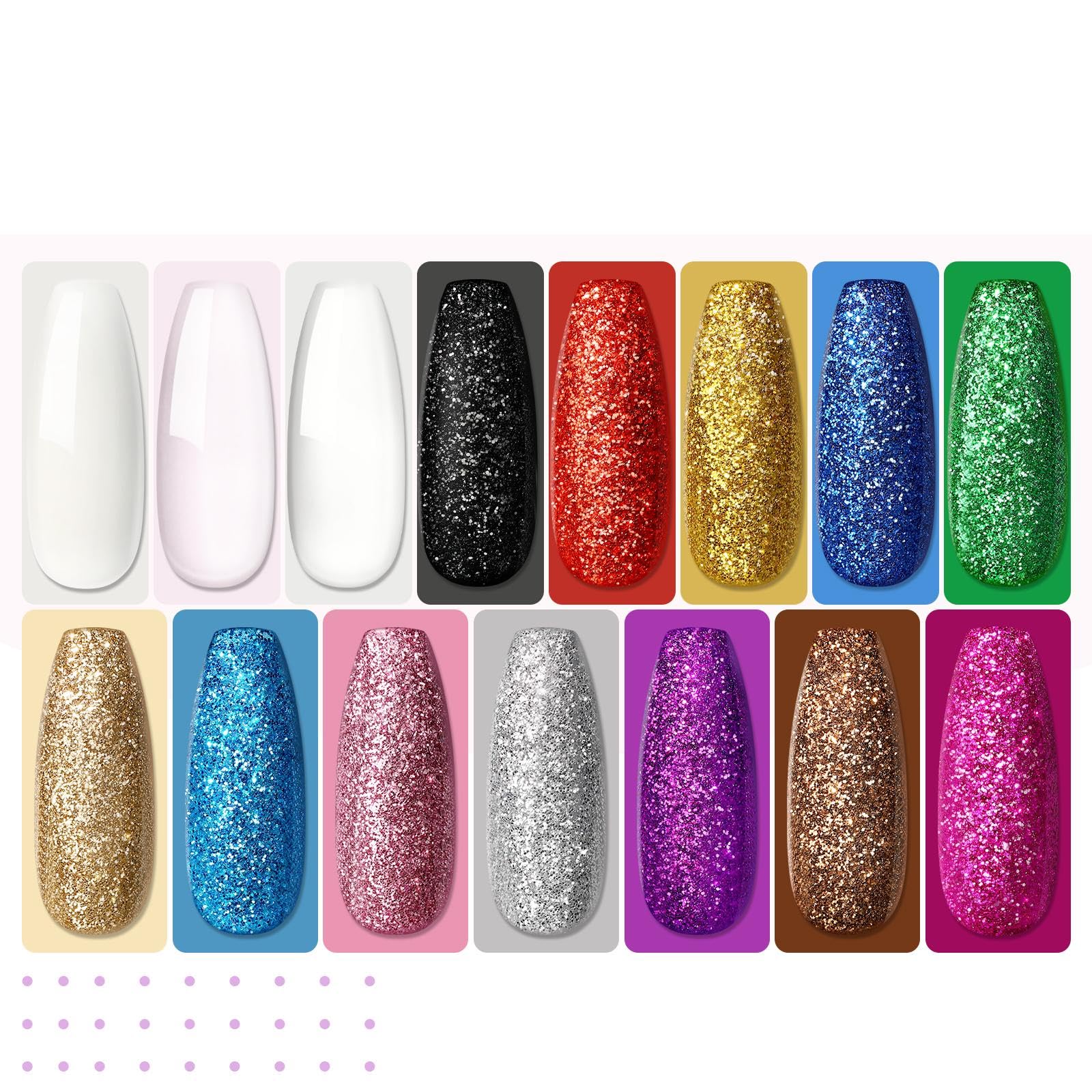 Leeclek acrylic powders in clear, pink, and white for customizable shades