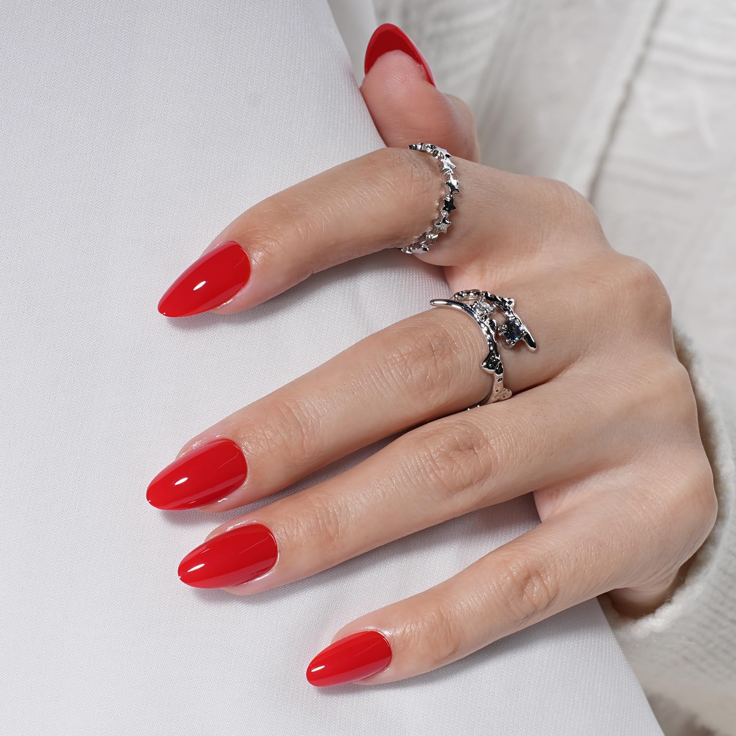 Leefrei red glossy short almond nails for natural look