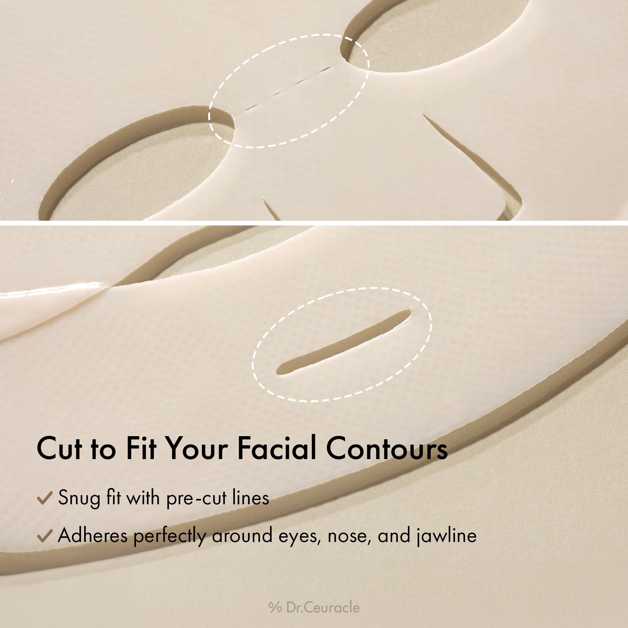 Leegeehaam Dr.Ceuracle mask's self-lifting hydrogel hugs the jawline for smooth contact.