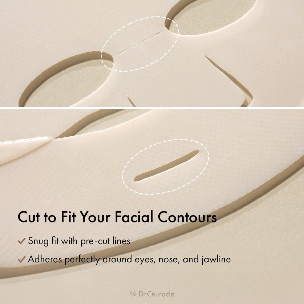 Leegeehaam Dr.Ceuracle mask's self-lifting hydrogel hugs the jawline for smooth contact.