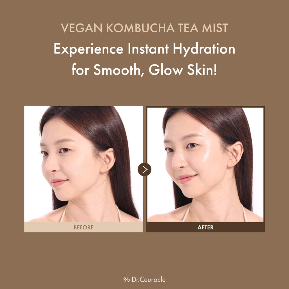 Spray moment of Leegeehaam Dr.Ceuracle Tea Mist in the air for a refreshing glow.