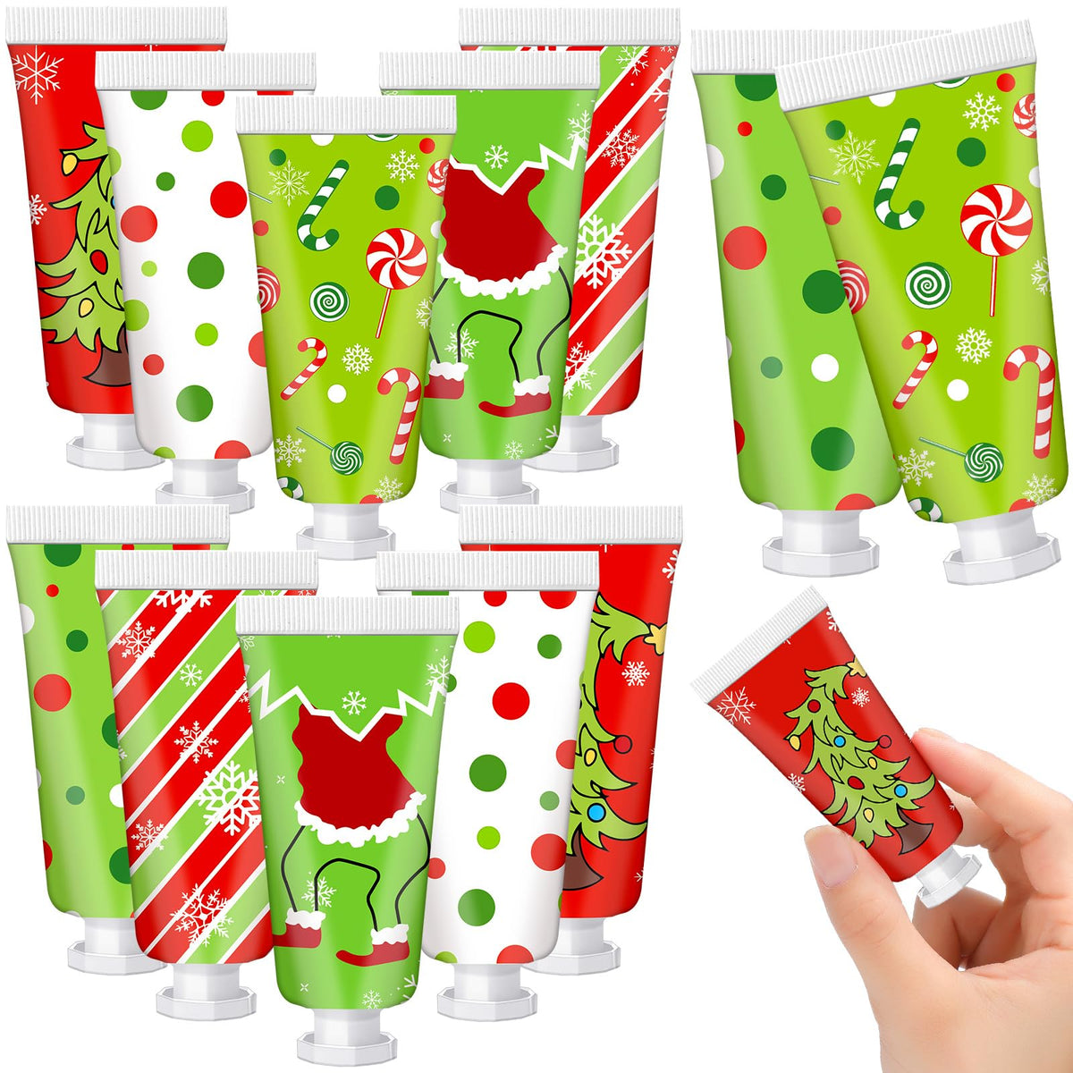 Leelosp 12-piece Christmas hand cream set in red and green packaging for gifting and on-the-go moisture.