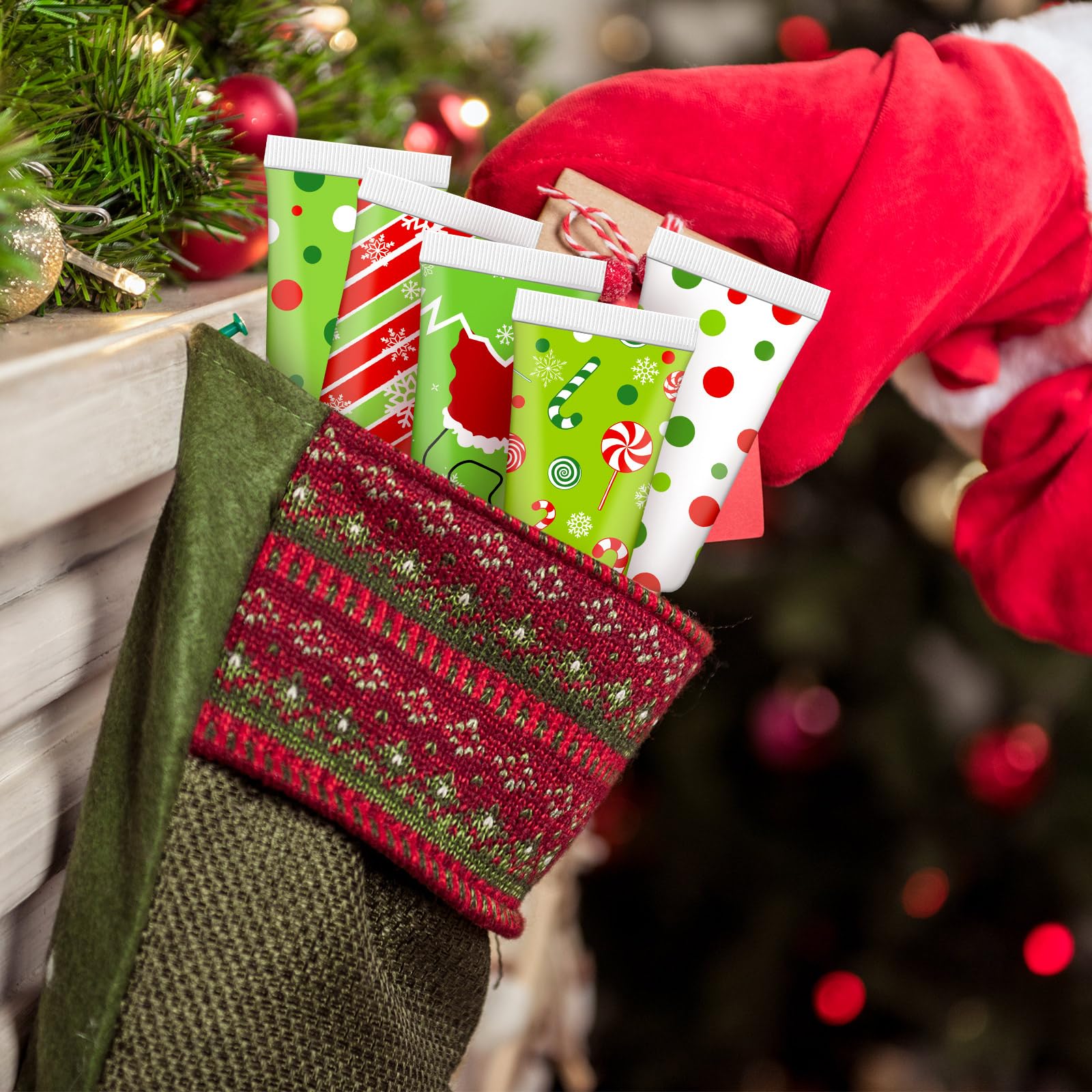 Festive Leelosp Christmas hand cream tubes showcased in red and green packaging.