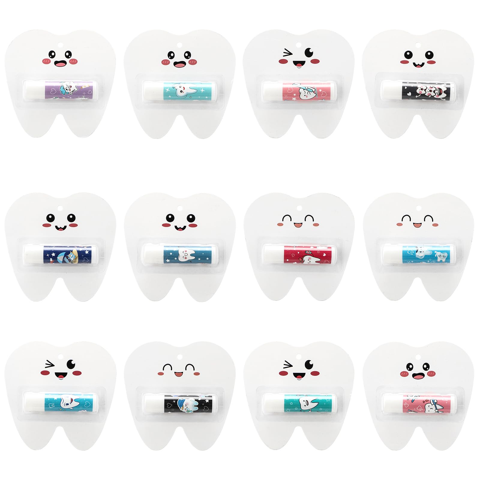 Leelosp teeth-themed lip balms 24-pack on display for gifting.