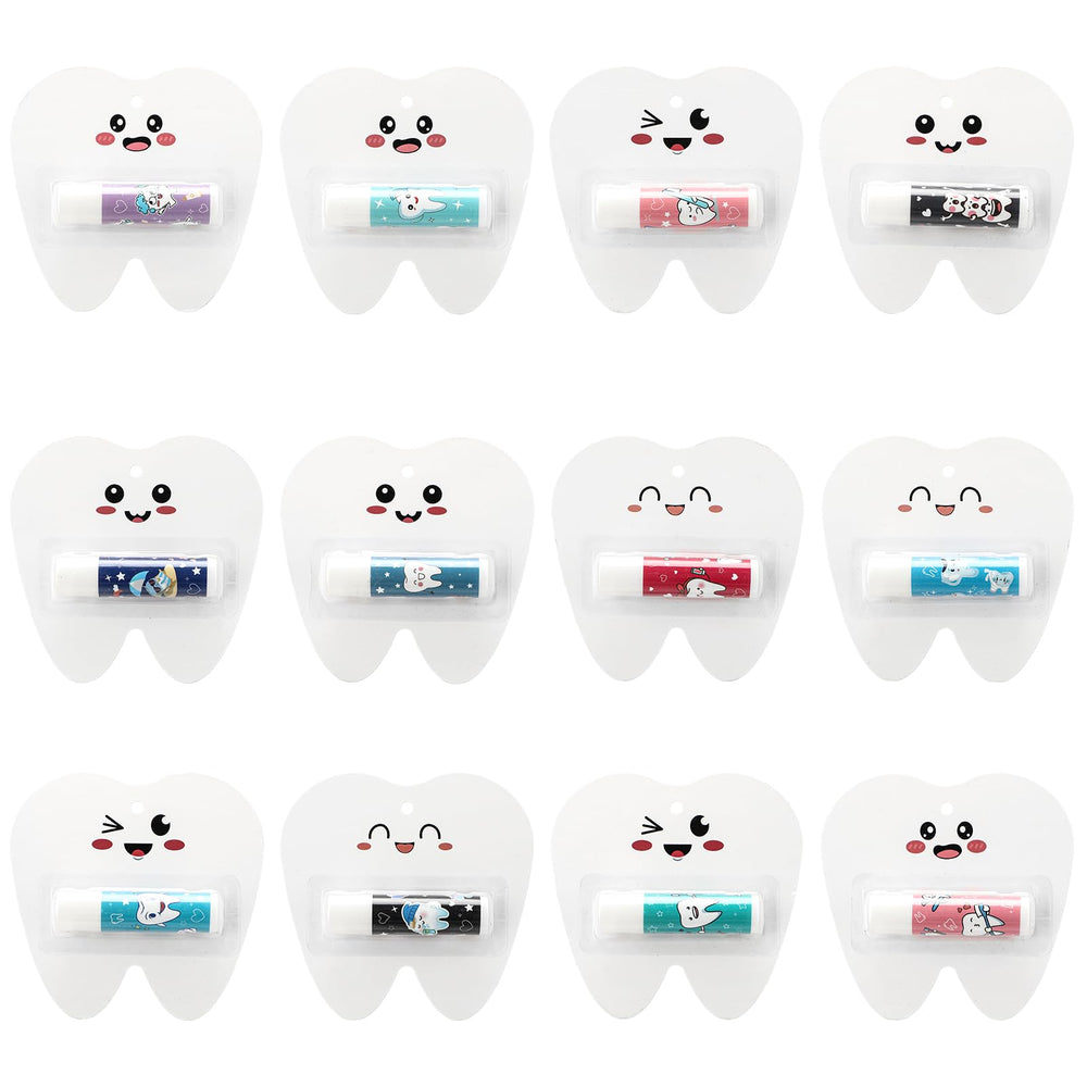 Leelosp teeth-themed lip balms 24-pack on display for gifting.