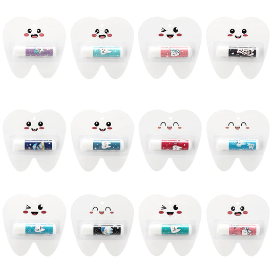 Leelosp teeth-themed lip balms 24-pack on display for gifting.
