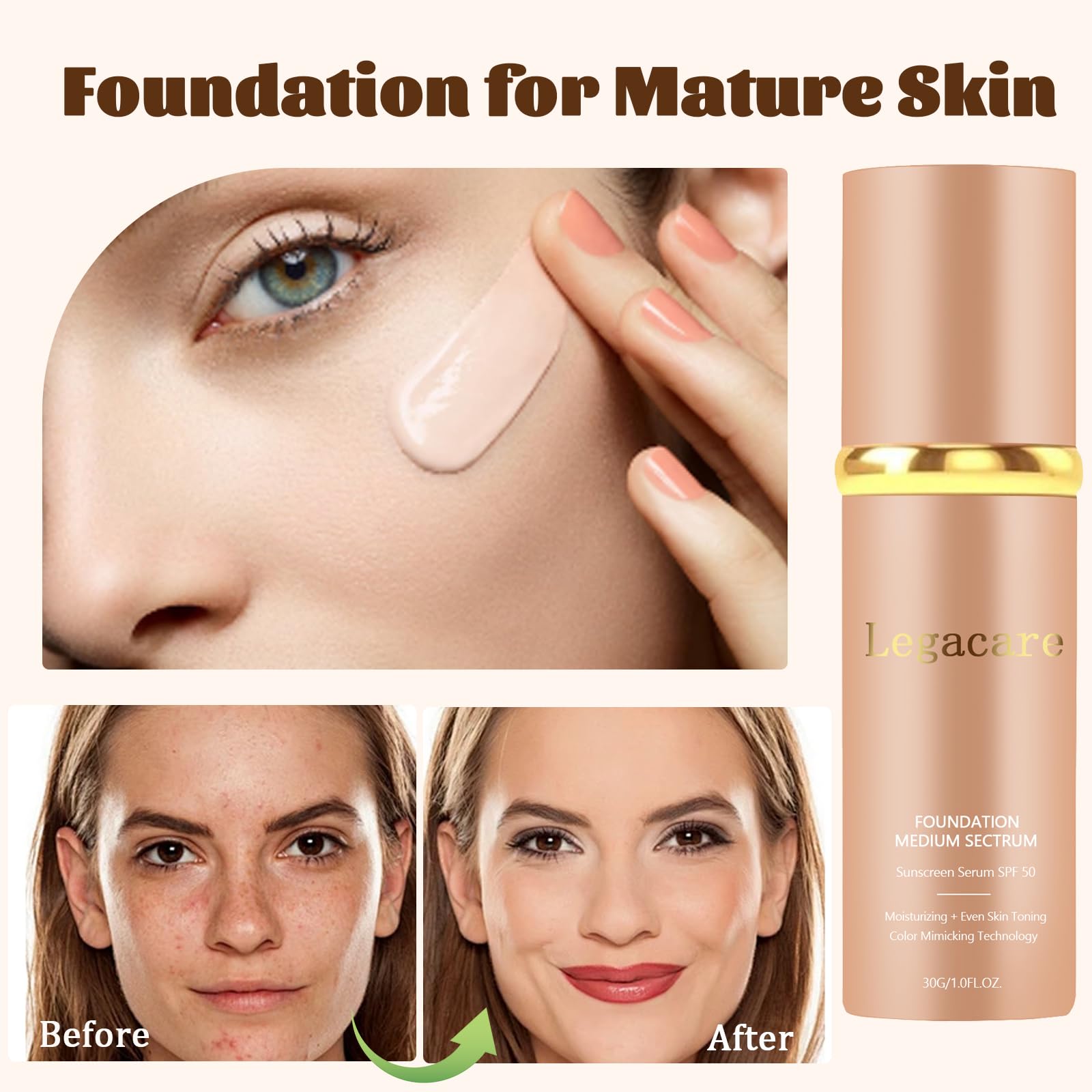 Legacare Foundation concealing swatch emphasizing lightweight concealment