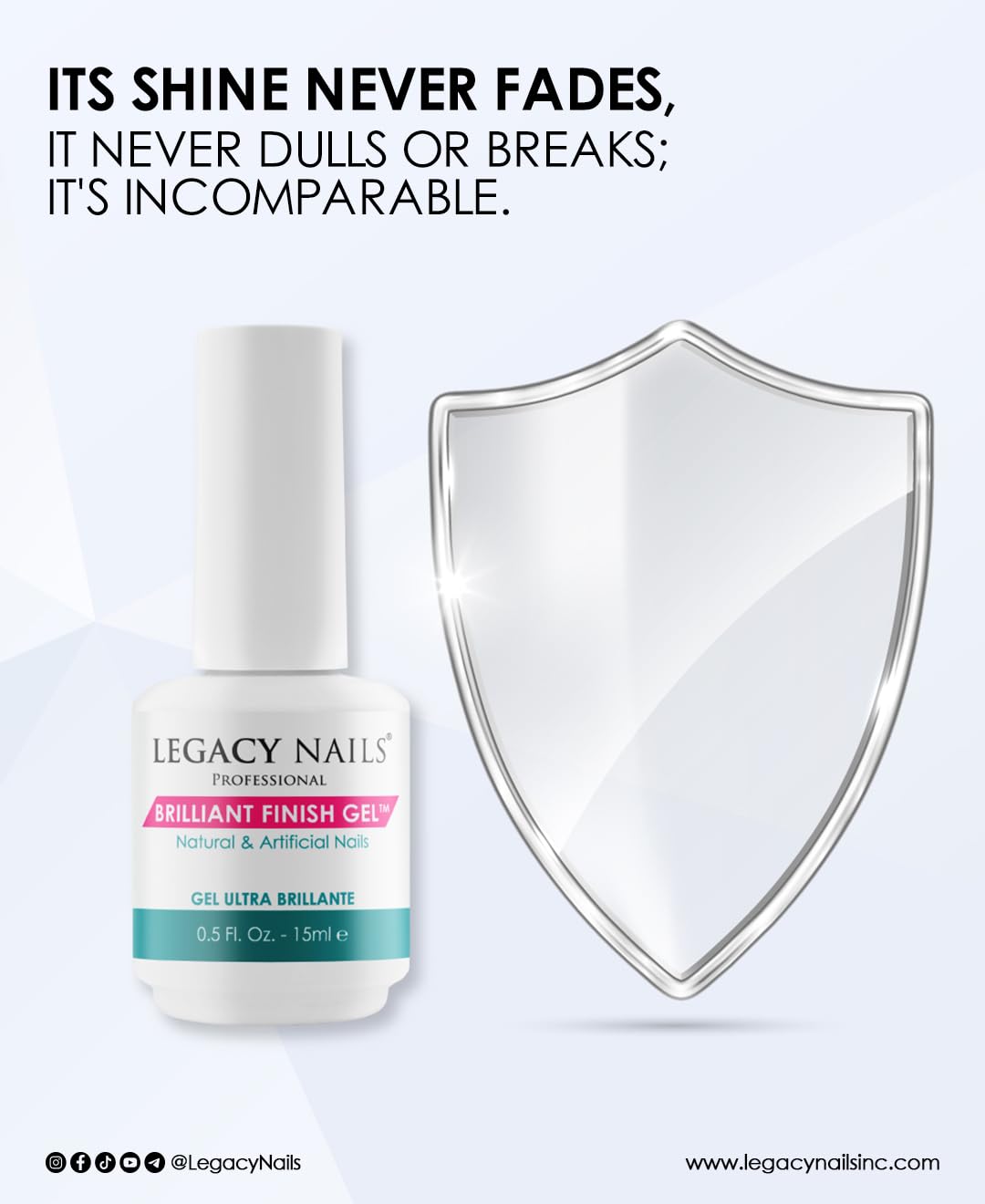 Legacy Nails BRILLANT FINISH Gel Top Coat on natural nails for lasting gloss