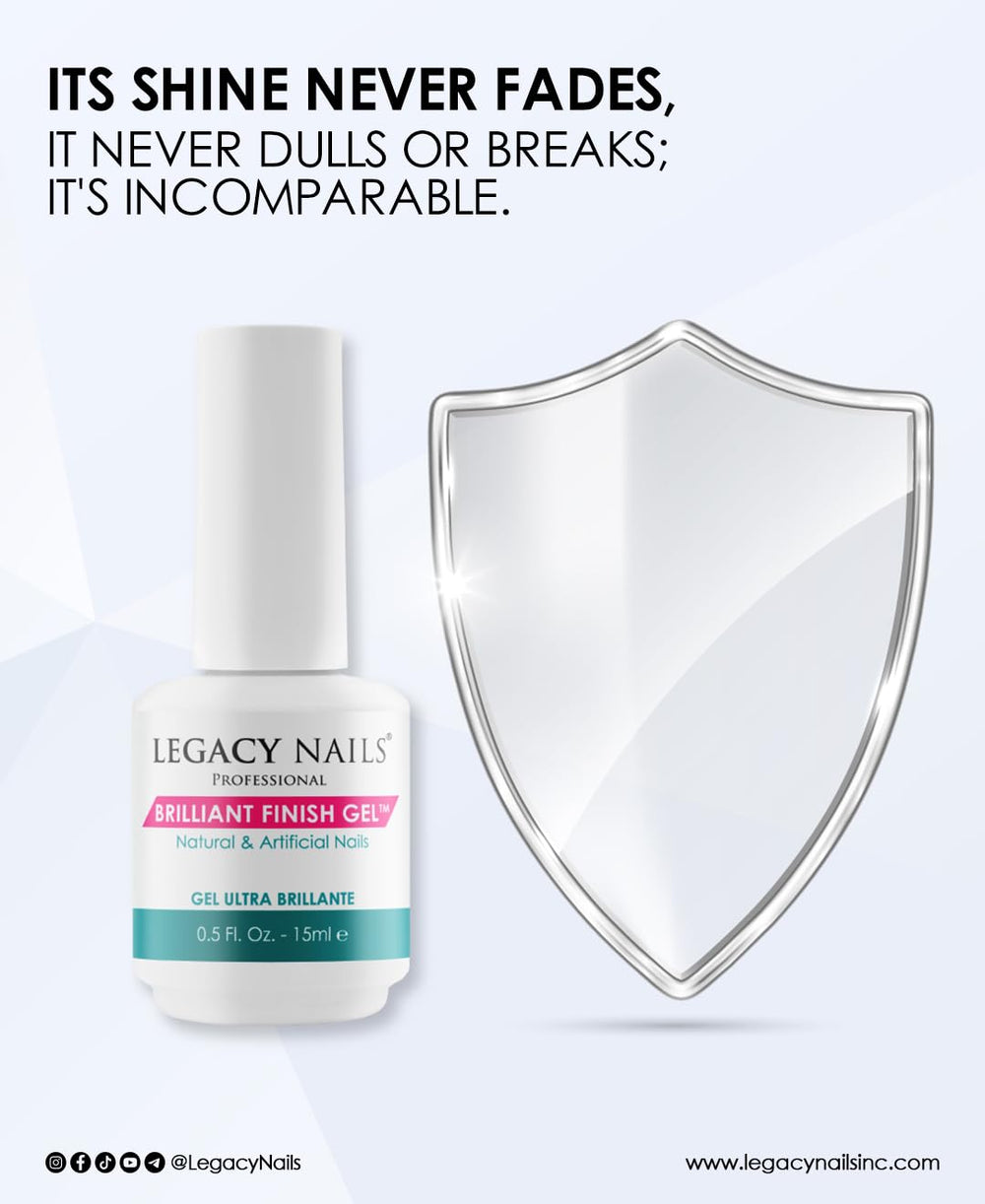Legacy Nails BRILLANT FINISH Gel Top Coat on natural nails for lasting gloss