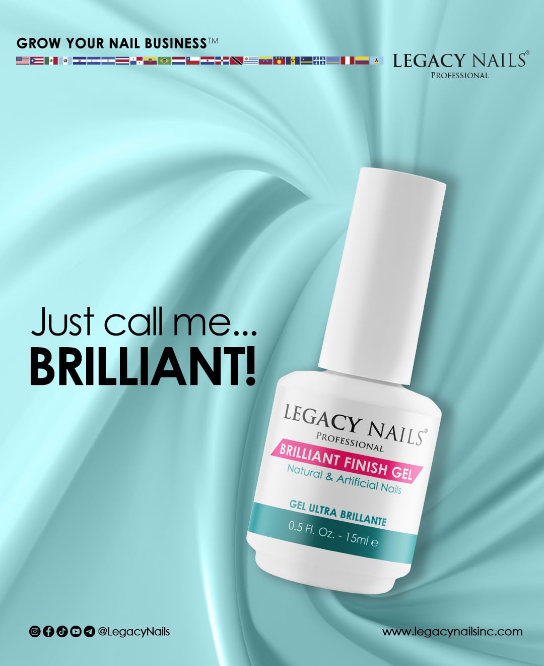 Legacy Nails BRILLANT FINISH Gel Top Coat application under UV/LED light for quick curing