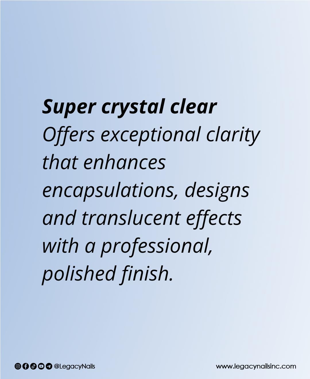 Legacy Nails clear acrylic powder with self-leveling texture for smooth results.