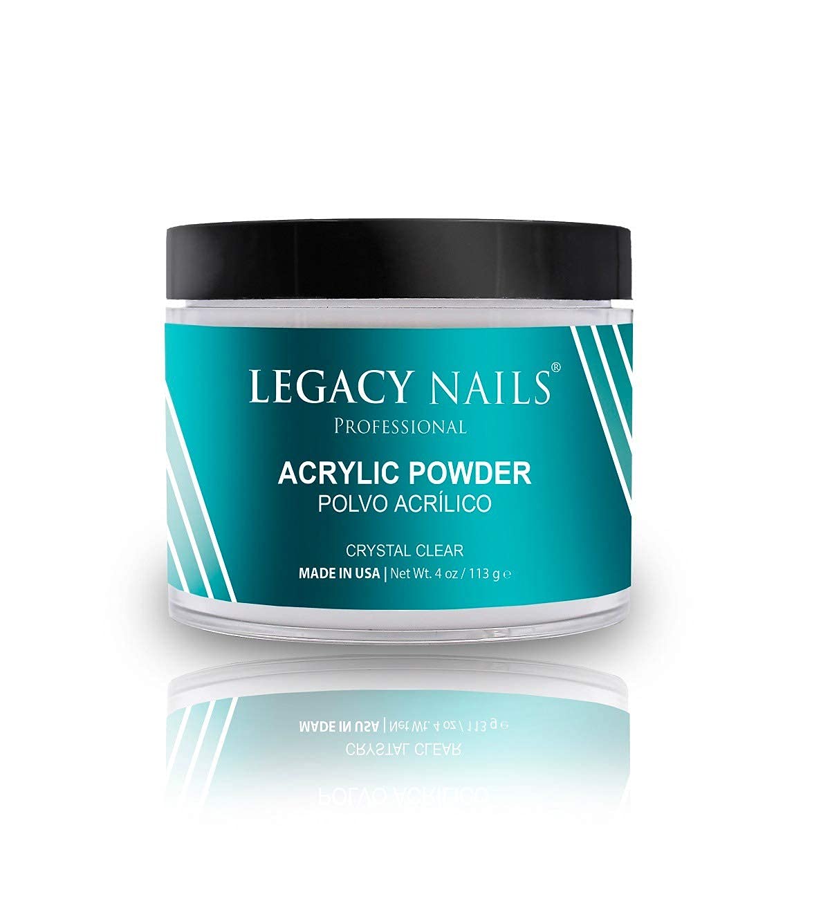 Legacy Nails crystal clear acrylic powder bottle for ultra-transparent extensions.