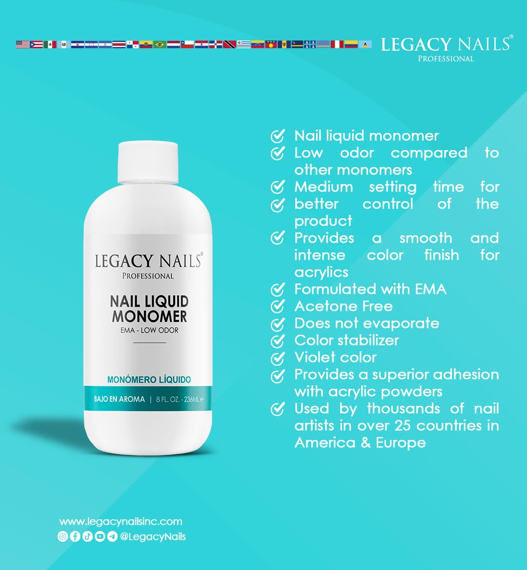 Legacy Nails monomer label detail highlights MMA-free and acetone-free formula.