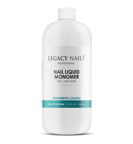 LEGACY NAILS monomer bottle close-up highlights premium adhesion for acrylic systems